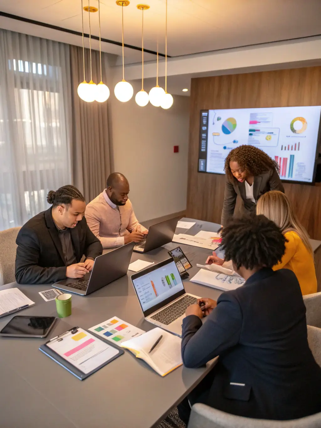A professional photograph of a team brainstorming a digital marketing strategy in a modern office setting, emphasizing collaboration and innovation.