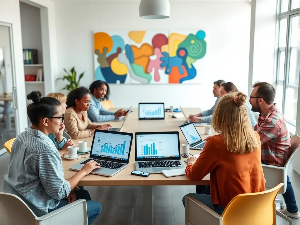 A team of digital marketers is collaborating on a paid advertising campaign, reviewing ad performance metrics and optimizing strategies. The setting is a dynamic and collaborative workspace, emphasizing the agency's expertise in paid advertising.