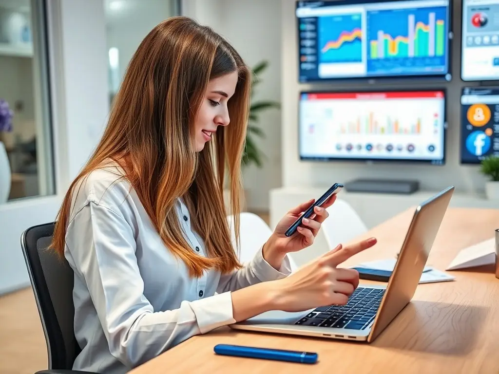 A social media manager is creating a post on a tablet, showcasing visually appealing content and engaging with followers. The background includes various social media platform logos, highlighting the agency's expertise in social media marketing.