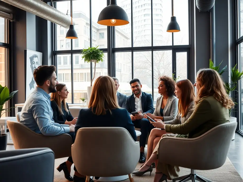 A professional workspace with a team collaborating on a digital marketing strategy, analyzing data on multiple screens, reflecting the data-driven approach of Adlet Co.'s digital marketing strategy service.