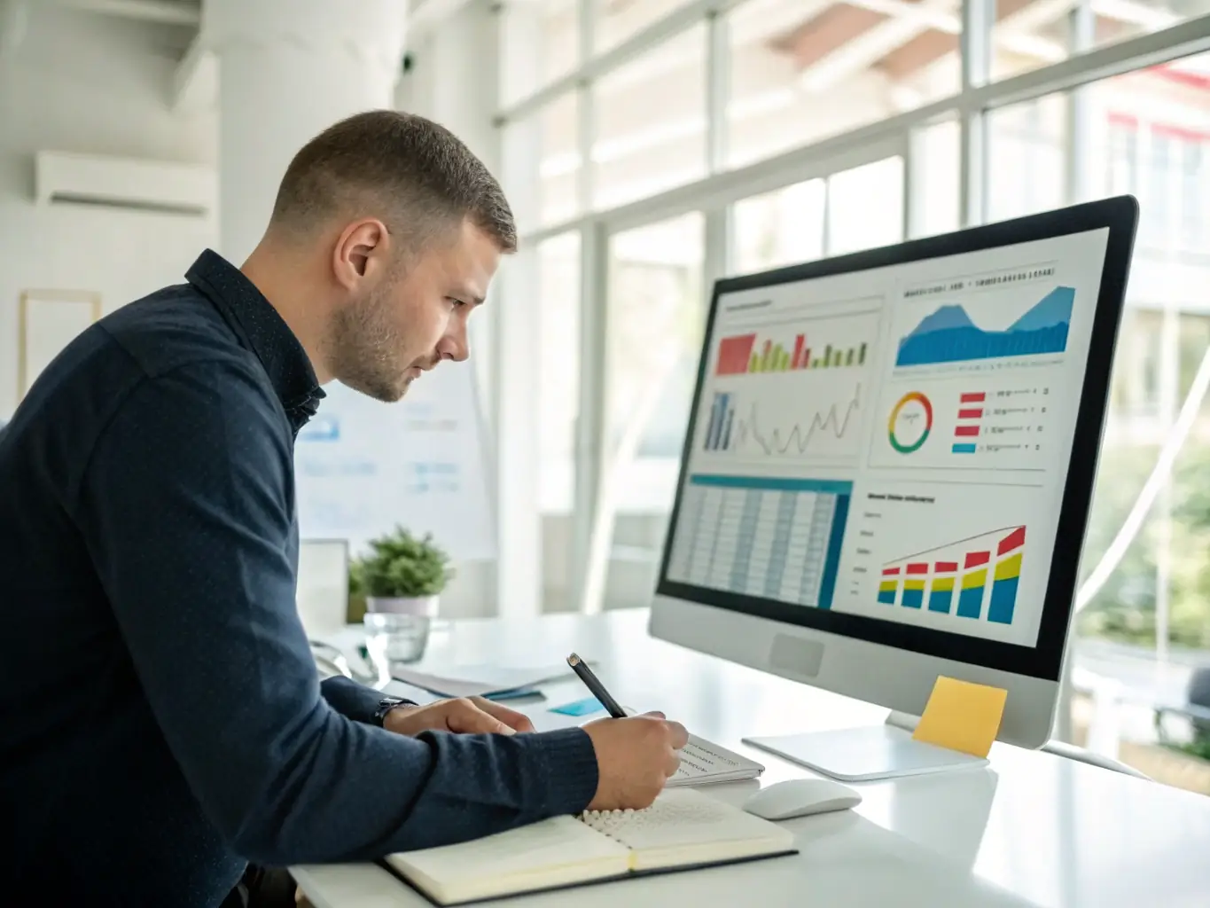A digital marketing expert is analyzing SEO data on a laptop, with charts and graphs illustrating website traffic and keyword performance. The scene is set in a modern office environment, emphasizing data-driven decision-making.
